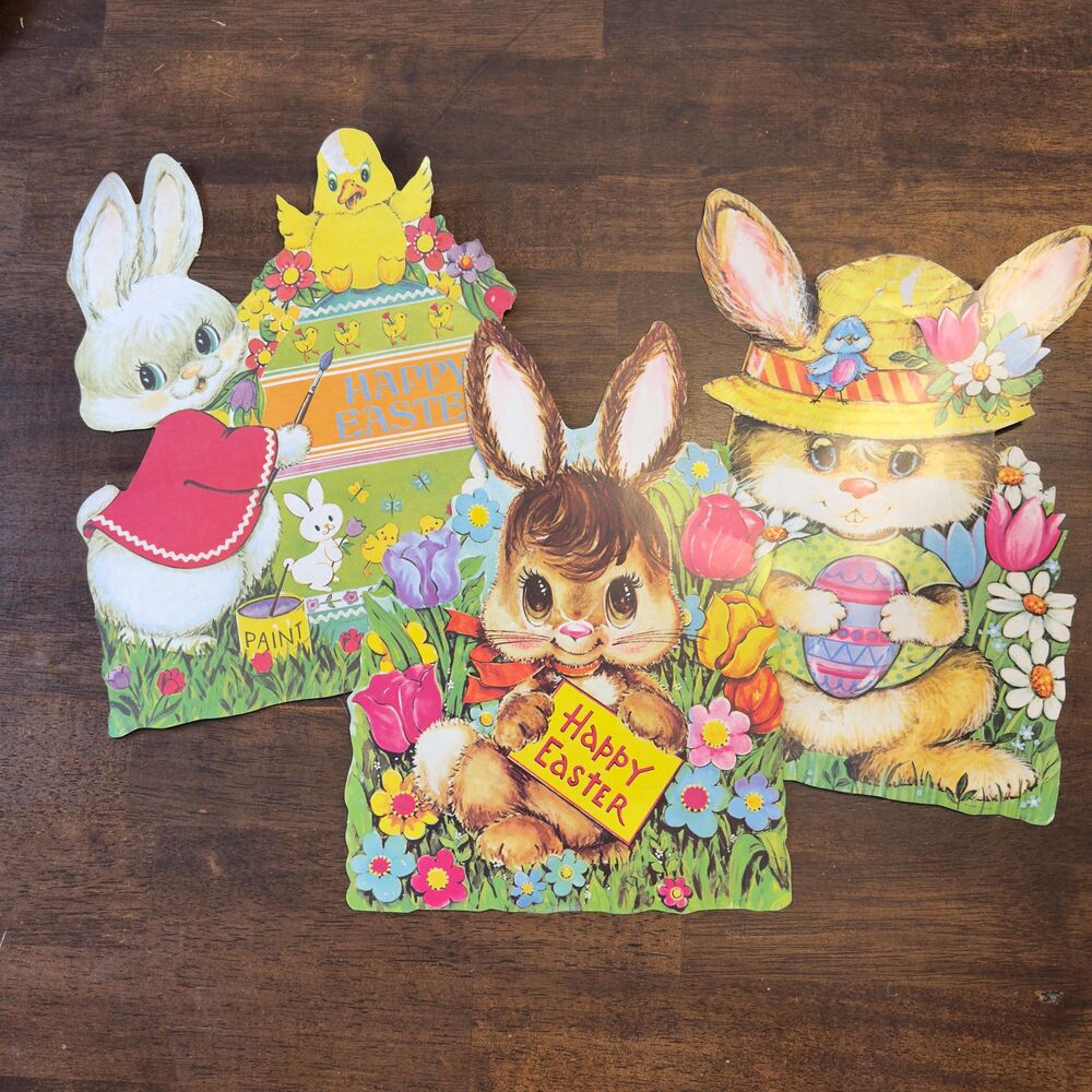 Vintage MCM Big Eye Easter Bunny and Chick Die Cuts 1960s Holiday Wall Decor